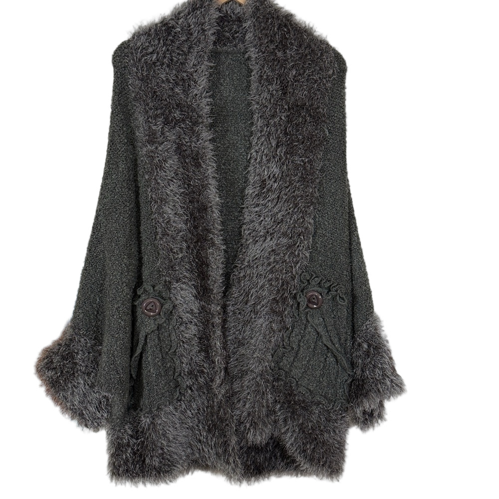 Angel Gray Faux Fur Y2K Artsy Oversized Open Front Cardigan SKU1318